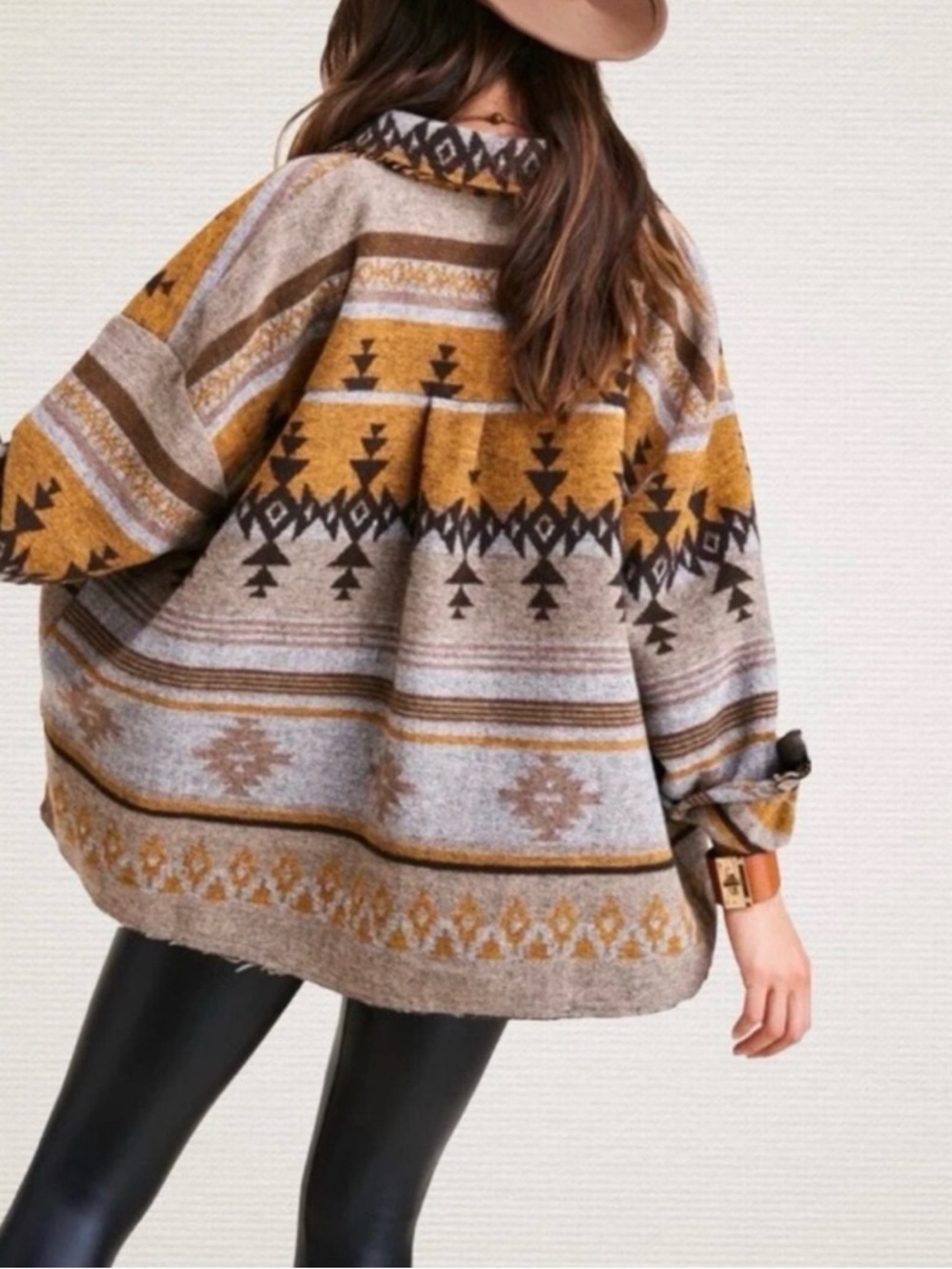 LA MIEL Aztec Pattern Knit Poncho Jacket in Mustard and Grey